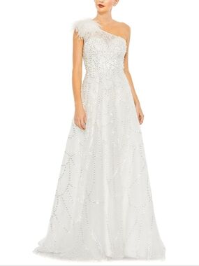 Mac Duggal One-Shoulder White Beaded Feather Evening Gown Wedding Gown Size 10